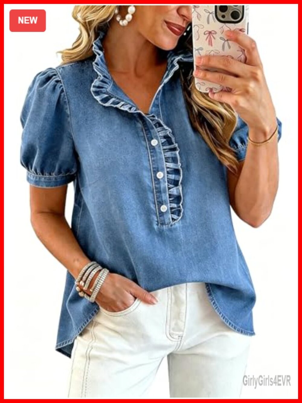 Ruffle Denim Top Button Down Short Puff Sleeve Loose Fit Casual